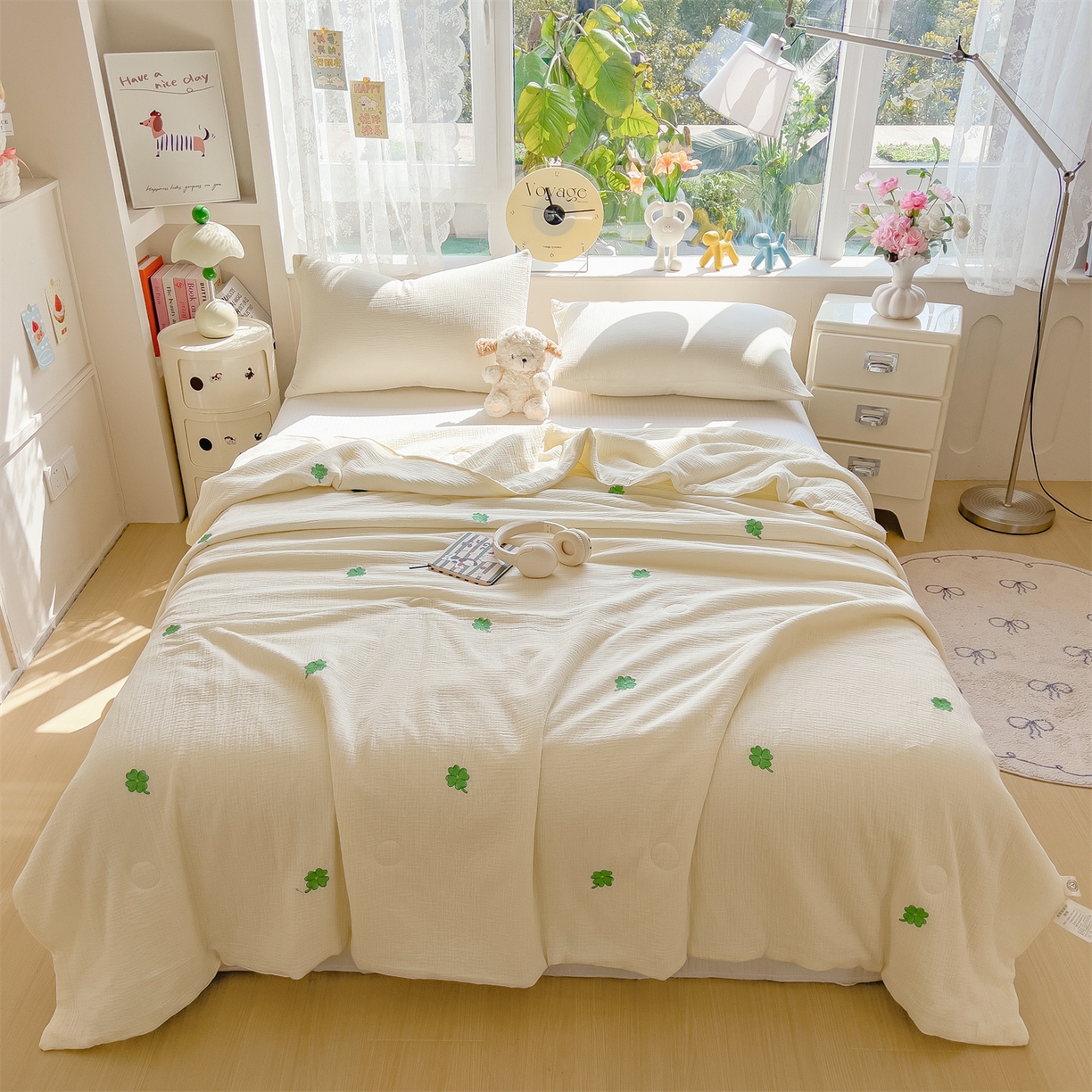 91家纺网 家纺一手货源 找家纺 布凡家居 2026春夏新款全棉刺绣皱皱纱夏被夏凉被空调被 幸运草