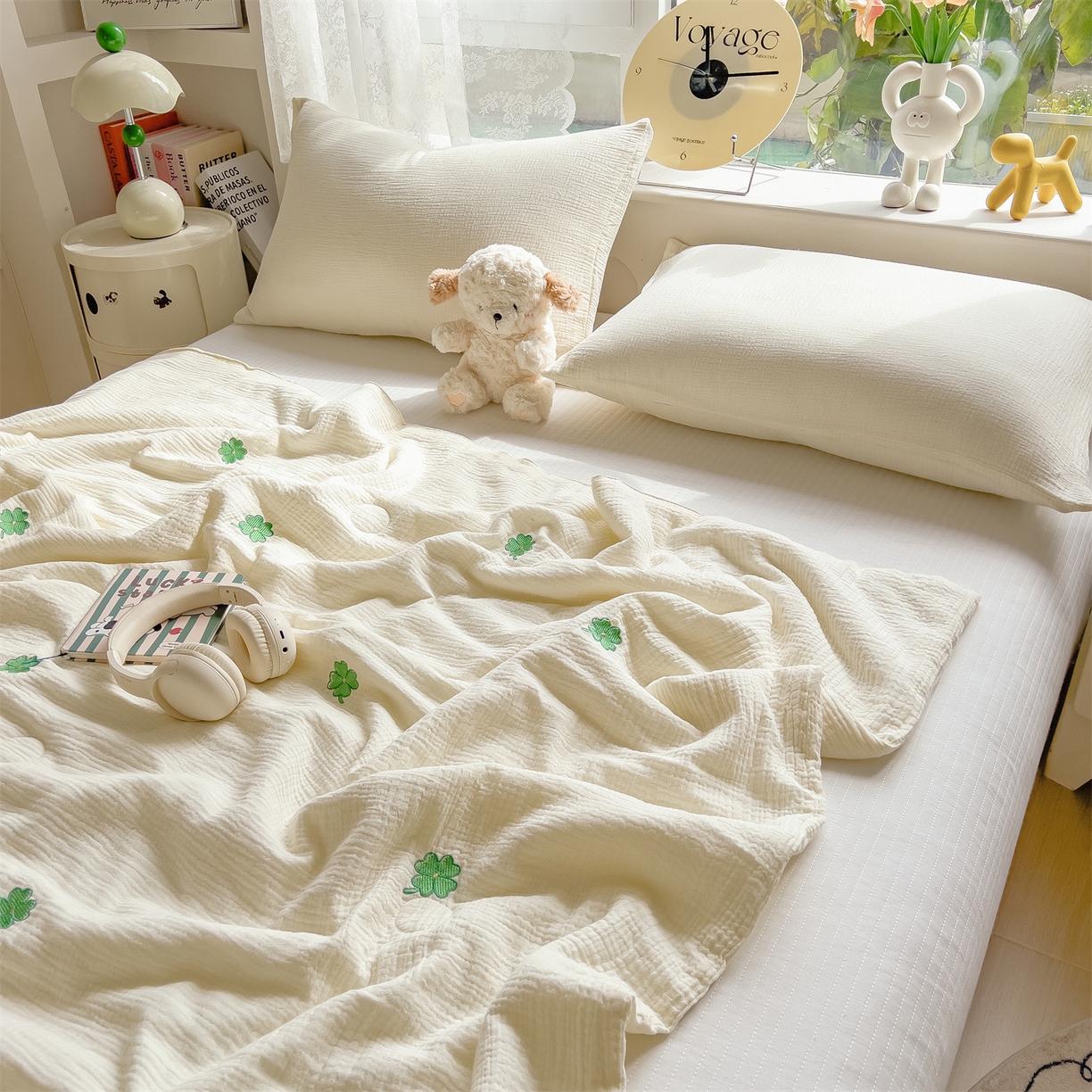 91家纺网 家纺一手货源 找家纺 布凡家居 2026春夏新款全棉刺绣皱皱纱夏被夏凉被空调被 幸运草