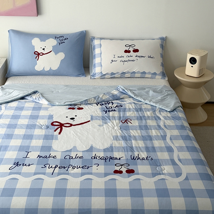 91家纺网 家纺一手货源 找家纺 HL原创 2026新款大版印花针织棉小冰皮双感被夏被夏凉被空调被 殷桃小狗