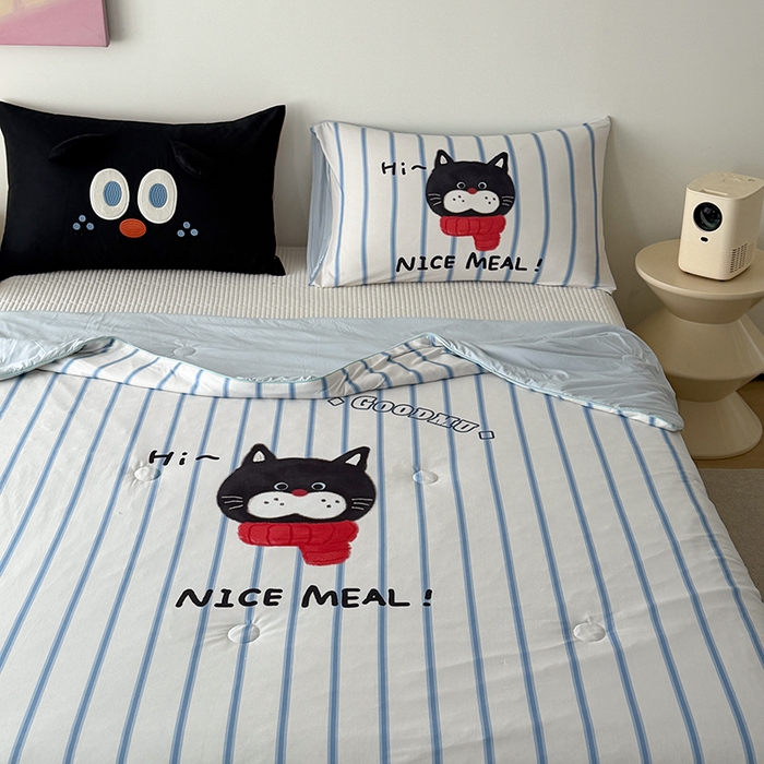 91家纺网 家纺一手货源 找家纺 HL原创 2026新款大版印花针织棉小冰皮双感被夏被夏凉被空调被 条纹猫