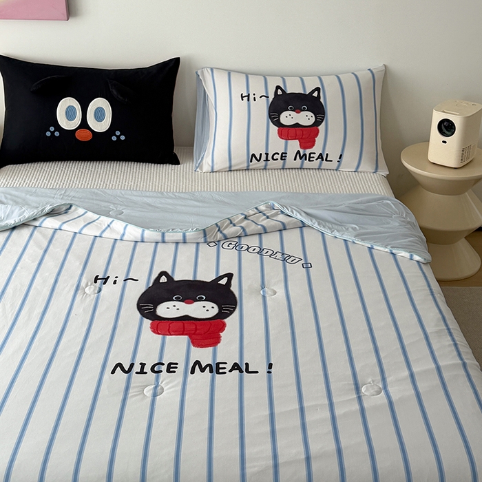 91家纺网 家纺一手货源 找家纺 HL原创 2026新款大版印花针织棉小冰皮双感被夏被夏凉被空调被 条纹猫