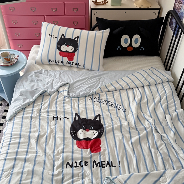 91家纺网 家纺一手货源 找家纺 HL原创 2026新款大版印花针织棉小冰皮双感被夏被夏凉被空调被 条纹猫