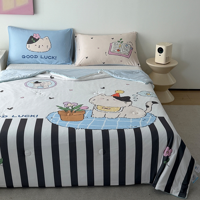 91家纺网 家纺一手货源 找家纺 HL原创 2026新款大版印花针织棉小冰皮双感被夏被夏凉被空调被 花园猫