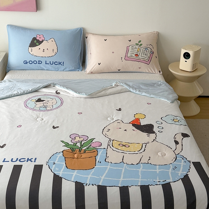 91家纺网 家纺一手货源 找家纺 HL原创 2026新款大版印花针织棉小冰皮双感被夏被夏凉被空调被 花园猫