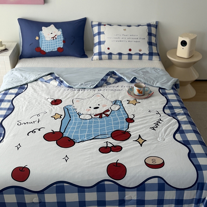 91家纺网 家纺一手货源 找家纺 HL原创 2026新款大版印花针织棉小冰皮双感被夏被夏凉被空调被 苹果狗