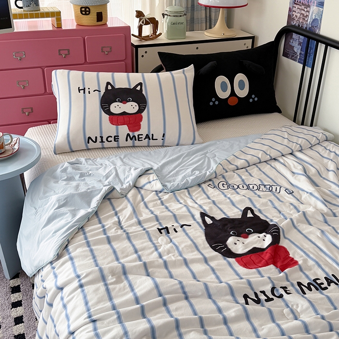 91家纺网 家纺一手货源 找家纺 HL原创 2026新款大版印花针织棉小冰皮双感被夏被夏凉被空调被 条纹猫