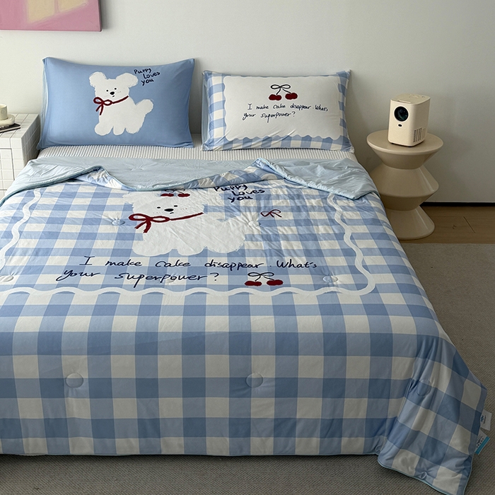 91家纺网 家纺一手货源 找家纺 HL原创 2026新款大版印花针织棉小冰皮双感被夏被夏凉被空调被 殷桃小狗