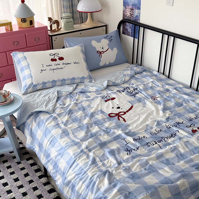 91家纺网 家纺一手货源 找家纺 HL原创 2026新款大版印花针织棉小冰皮双感被夏被夏凉被空调被 殷桃小狗