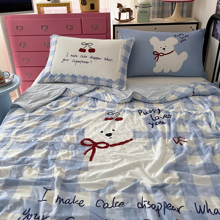 91家纺网 家纺一手货源 找家纺 HL原创 2026新款大版印花针织棉小冰皮双感被夏被夏凉被空调被 殷桃小狗