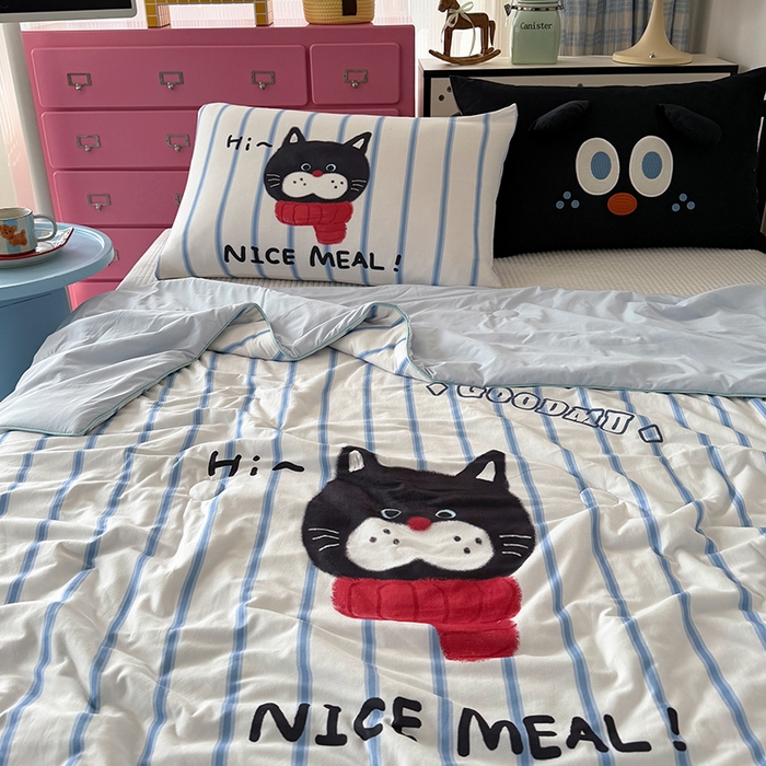 91家纺网 家纺一手货源 找家纺 HL原创 2026新款大版印花针织棉小冰皮双感被夏被夏凉被空调被 条纹猫