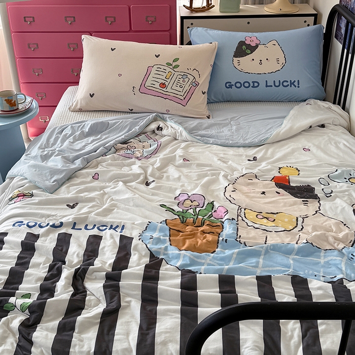 91家纺网 家纺一手货源 找家纺 HL原创 2026新款大版印花针织棉小冰皮双感被夏被夏凉被空调被 花园猫