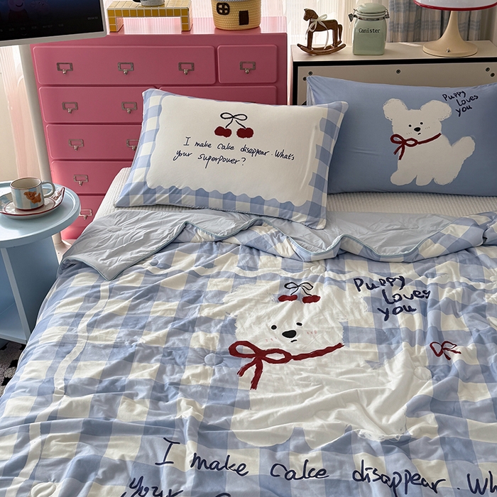 91家纺网 家纺一手货源 找家纺 HL原创 2026新款大版印花针织棉小冰皮双感被夏被夏凉被空调被 殷桃小狗