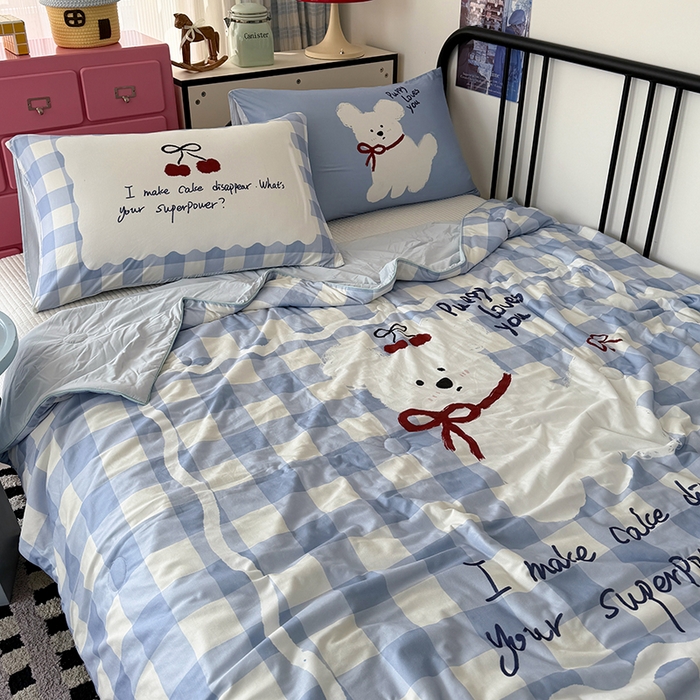 91家纺网 家纺一手货源 找家纺 HL原创 2026新款大版印花针织棉小冰皮双感被夏被夏凉被空调被 殷桃小狗