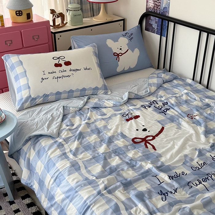 91家纺网 家纺一手货源 找家纺 HL原创 2026新款大版印花针织棉小冰皮双感被夏被夏凉被空调被 殷桃小狗