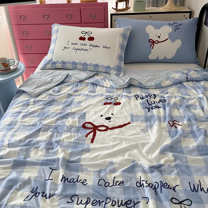 91家纺网 家纺一手货源 找家纺 HL原创 2026新款大版印花针织棉小冰皮双感被夏被夏凉被空调被 殷桃小狗