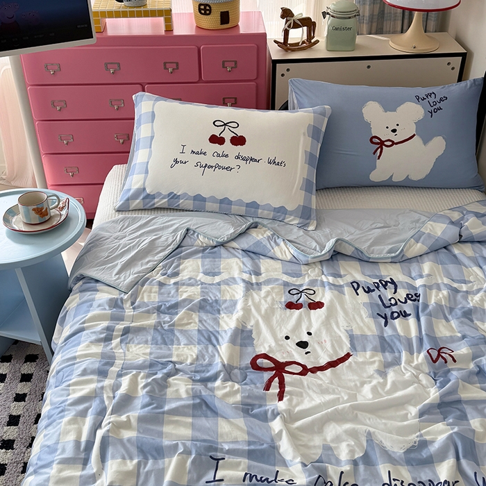 91家纺网 家纺一手货源 找家纺 HL原创 2026新款大版印花针织棉小冰皮双感被夏被夏凉被空调被 殷桃小狗