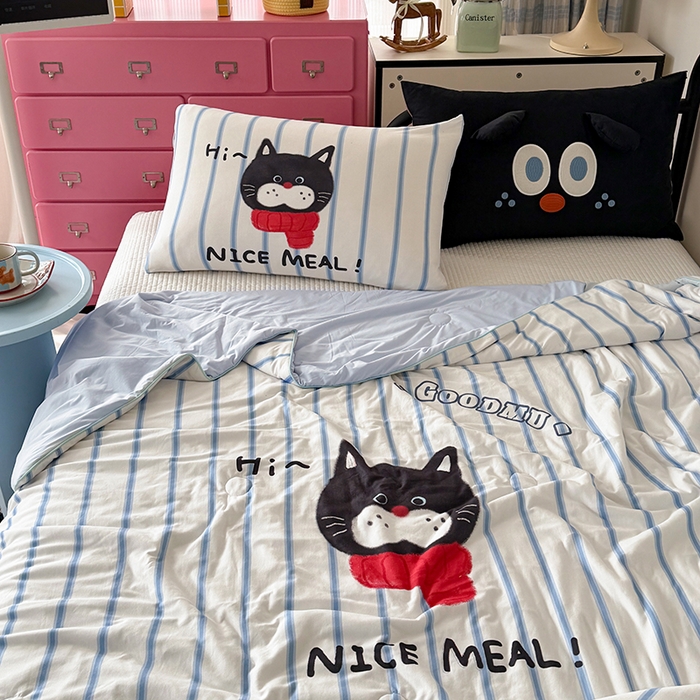 91家纺网 家纺一手货源 找家纺 HL原创 2026新款大版印花针织棉小冰皮双感被夏被夏凉被空调被 条纹猫