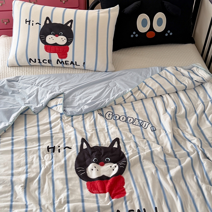 91家纺网 家纺一手货源 找家纺 HL原创 2026新款大版印花针织棉小冰皮双感被夏被夏凉被空调被 条纹猫