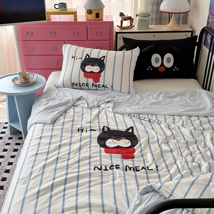 91家纺网 家纺一手货源 找家纺 HL原创 2026新款大版印花针织棉小冰皮双感被夏被夏凉被空调被 条纹猫