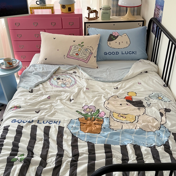 91家纺网 家纺一手货源 找家纺 HL原创 2026新款大版印花针织棉小冰皮双感被夏被夏凉被空调被 花园猫