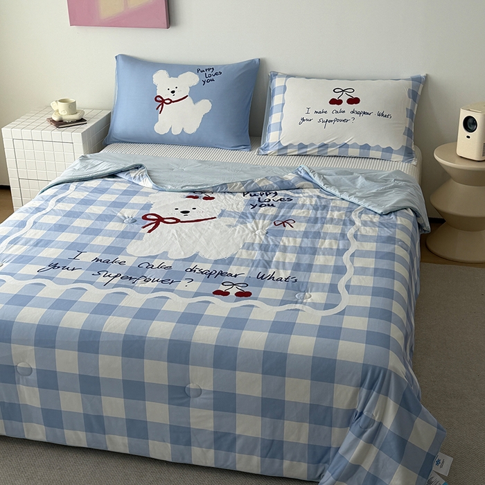 91家纺网 家纺一手货源 找家纺 HL原创 2026新款大版印花针织棉小冰皮双感被夏被夏凉被空调被 殷桃小狗