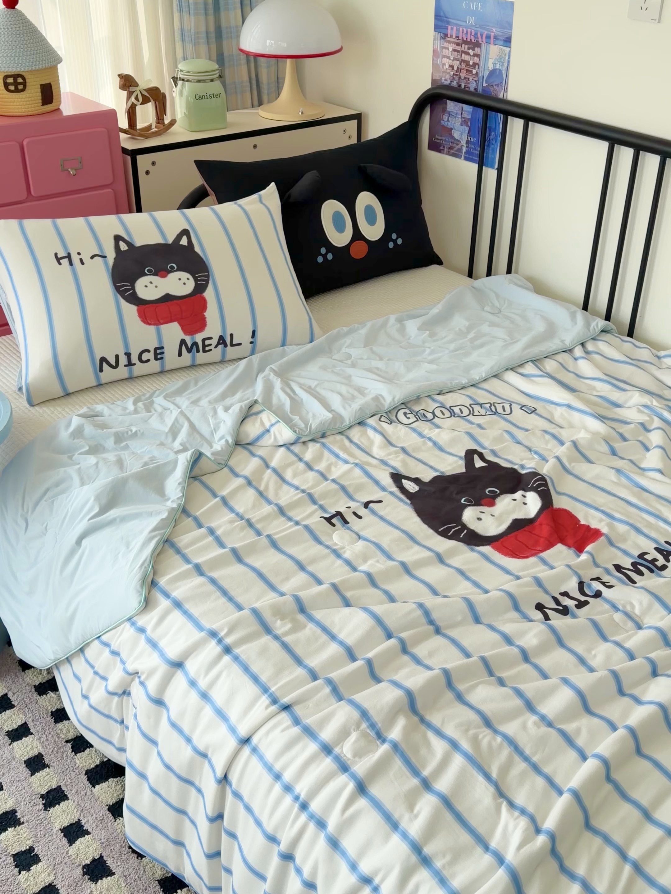 91家纺网 家纺一手货源 找家纺 HL原创 2026新款大版印花针织棉小冰皮双感被夏被夏凉被空调被 条纹猫