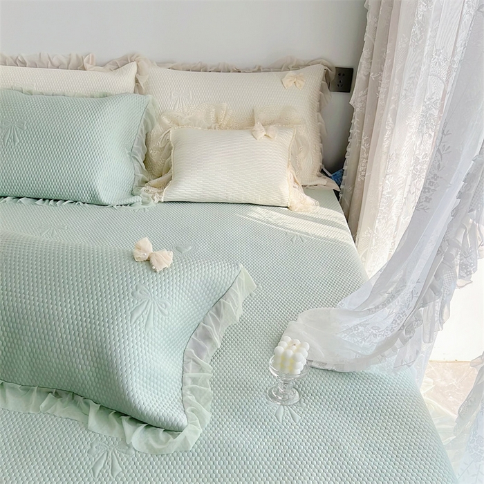 91家纺网 家纺一手货源 找家纺 恋尚羽家纺 2026新款高分子PE凉泡泡大床裙凉感席波浪冰豆豆凉席席子三件套-蝴蝶结系列 蝴蝶结-绿色