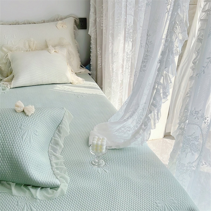 91家纺网 家纺一手货源 找家纺 恋尚羽家纺 2026新款高分子PE凉泡泡大床裙凉感席波浪冰豆豆凉席席子三件套-蝴蝶结系列 蝴蝶结-绿色