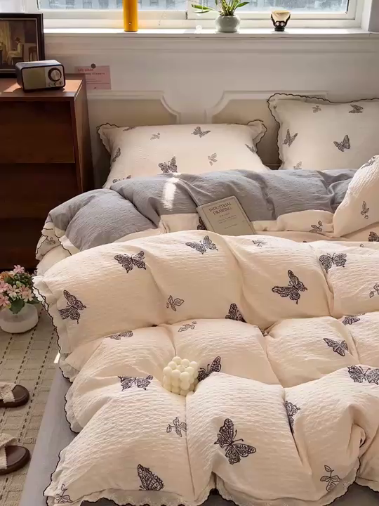 91家纺网 家纺一手货源 找家纺 梦莱斯 2026新款印花夏被四件套 黑白蝴蝶