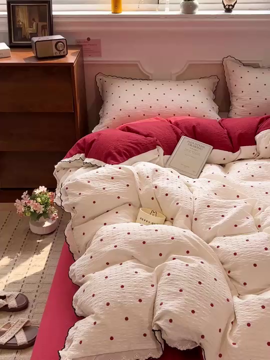 91家纺网 家纺一手货源 找家纺 梦莱斯 2026新款印花夏被四件套 红波点