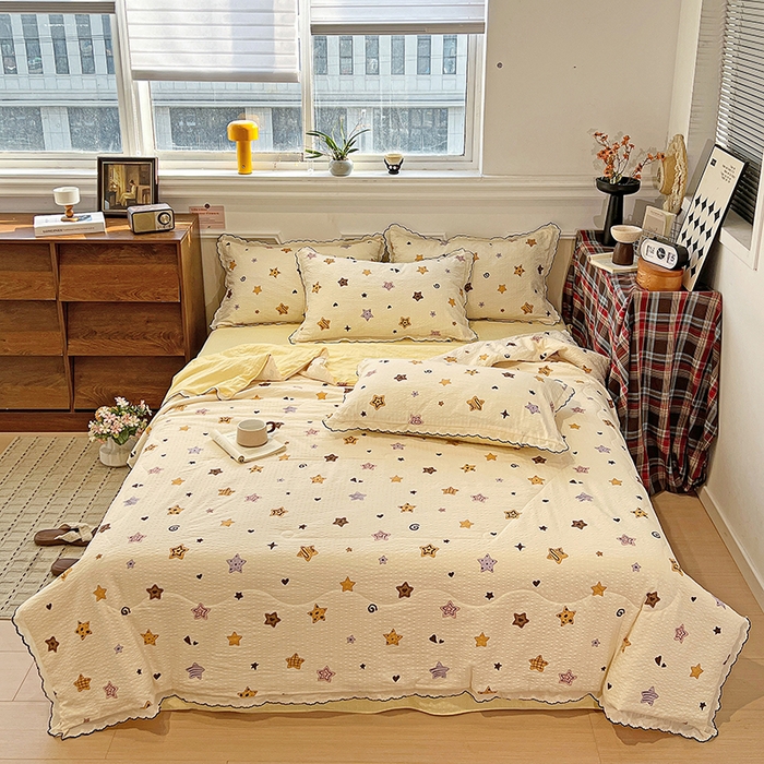 91家纺网 家纺一手货源 找家纺 梦莱斯 2026新款印花夏被四件套 黄色星星