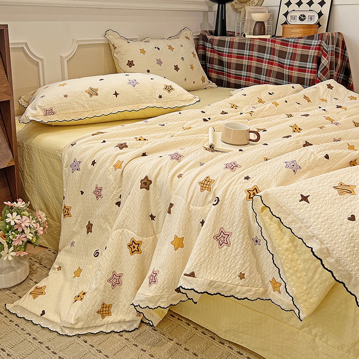 91家纺网 家纺一手货源 找家纺 梦莱斯 2026新款印花夏被四件套 黄色星星