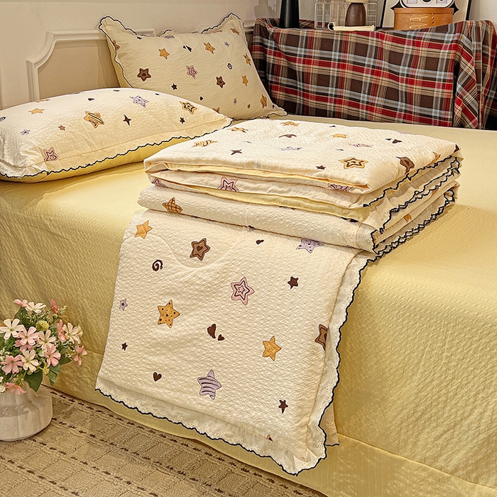 91家纺网 家纺一手货源 找家纺 梦莱斯 2026新款印花夏被四件套 黄色星星