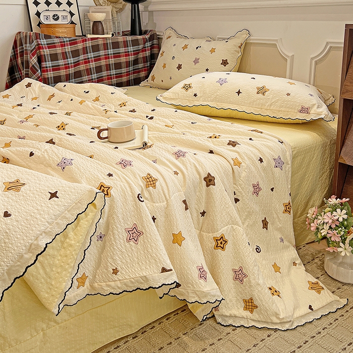 91家纺网 家纺一手货源 找家纺 梦莱斯 2026新款印花夏被四件套 黄色星星