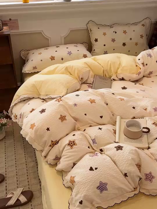 91家纺网 家纺一手货源 找家纺 梦莱斯 2026新款印花夏被四件套 黄色星星