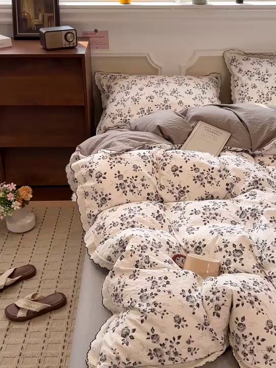 91家纺网 家纺一手货源 找家纺 梦莱斯 2026新款印花夏被四件套 水墨槿咖