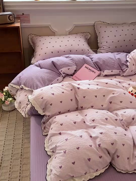 91家纺网 家纺一手货源 找家纺 梦莱斯 2026新款印花夏被四件套 紫色爱心