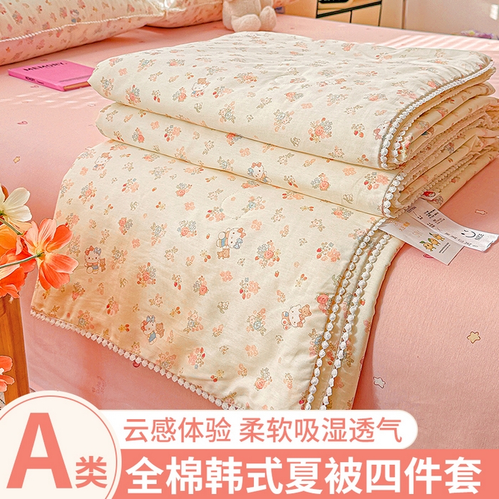 91家纺网 家纺一手货源 找家纺 优被业 2026新款全棉韩式小球球款大豆夏被，夏被四件套，空调被（加微信送买家秀） 粉花KT