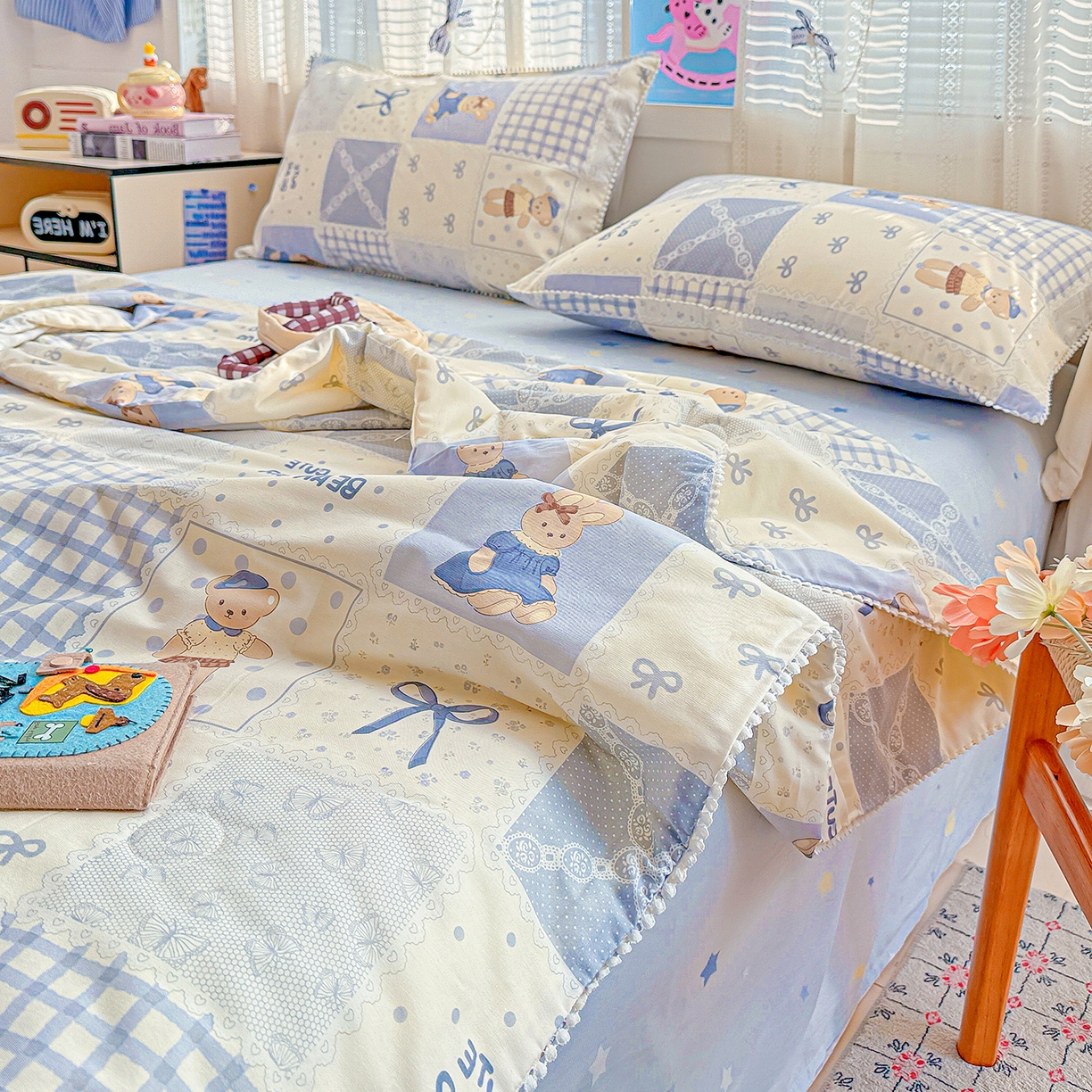 91家纺网 家纺一手货源 找家纺 优被业 2026新款全棉韩式小球球款大豆夏被，夏被四件套，空调被（加微信送买家秀） 海浪摇篮