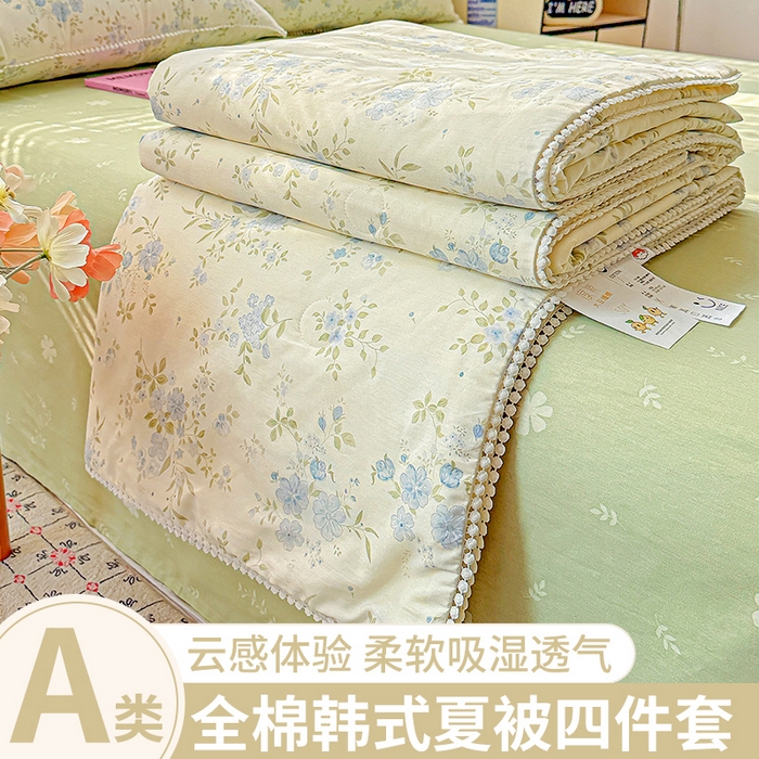 91家纺网 家纺一手货源 找家纺 优被业 2026新款全棉韩式小球球款大豆夏被，夏被四件套，空调被（加微信送买家秀） 蓝絮花