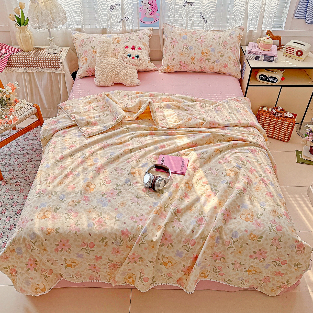 91家纺网 家纺一手货源 找家纺 优被业 2026新款全棉韩式小球球款大豆夏被，夏被四件套，空调被（加微信送买家秀） 浅樱故事