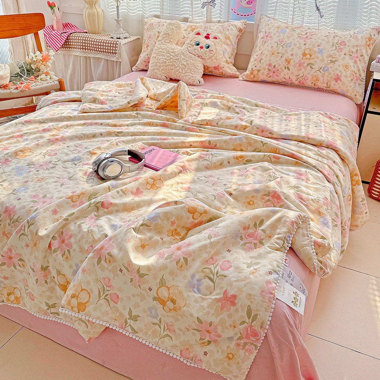 91家纺网 家纺一手货源 找家纺 优被业 2026新款全棉韩式小球球款大豆夏被，夏被四件套，空调被（加微信送买家秀） 浅樱故事