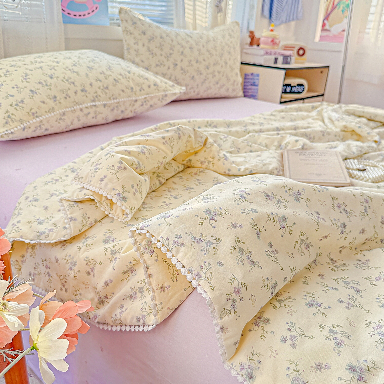 91家纺网 家纺一手货源 找家纺 优被业 2026新款全棉韩式小球球款大豆夏被，夏被四件套，空调被（加微信送买家秀） 星辰蔷薇