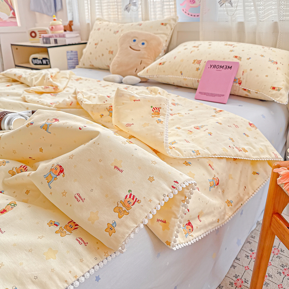 91家纺网 家纺一手货源 找家纺 优被业 2026新款全棉韩式小球球款大豆夏被，夏被四件套，空调被（加微信送买家秀） 星星小精灵