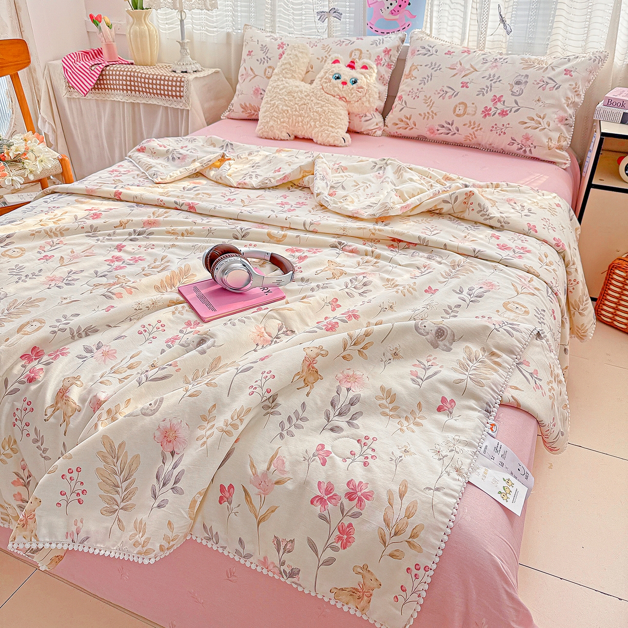 91家纺网 家纺一手货源 找家纺 优被业 2026新款全棉韩式小球球款大豆夏被，夏被四件套，空调被（加微信送买家秀） 自然手记-粉