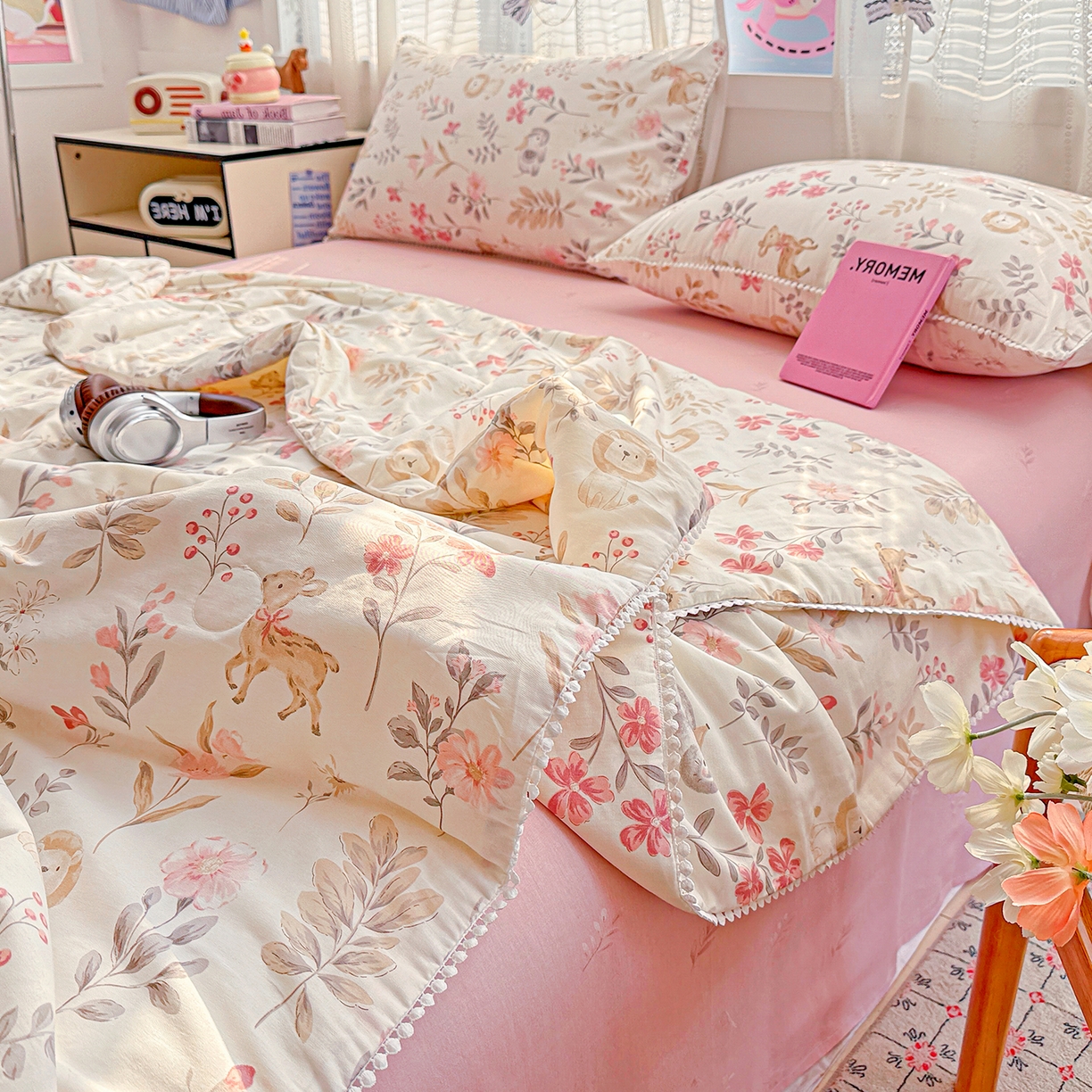 91家纺网 家纺一手货源 找家纺 优被业 2026新款全棉韩式小球球款大豆夏被，夏被四件套，空调被（加微信送买家秀） 自然手记-粉