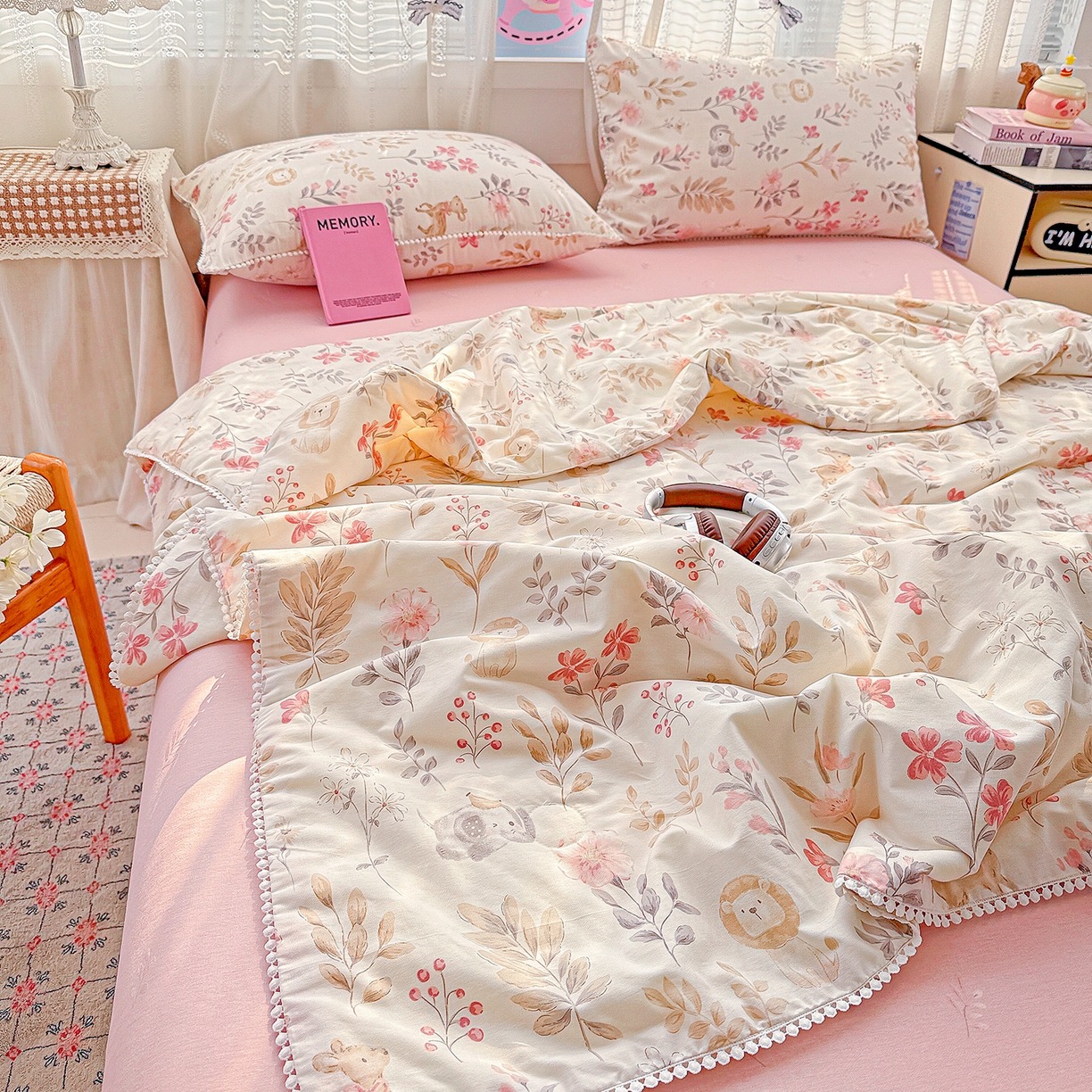 91家纺网 家纺一手货源 找家纺 优被业 2026新款全棉韩式小球球款大豆夏被，夏被四件套，空调被（加微信送买家秀） 自然手记-粉