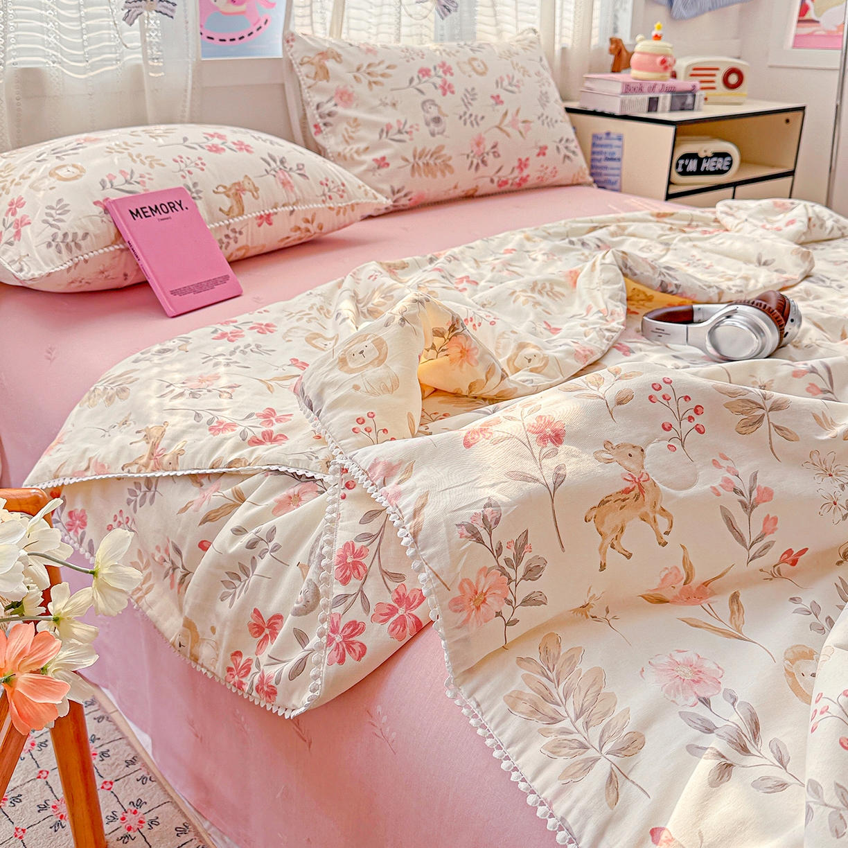 91家纺网 家纺一手货源 找家纺 优被业 2026新款全棉韩式小球球款大豆夏被，夏被四件套，空调被（加微信送买家秀） 自然手记-粉