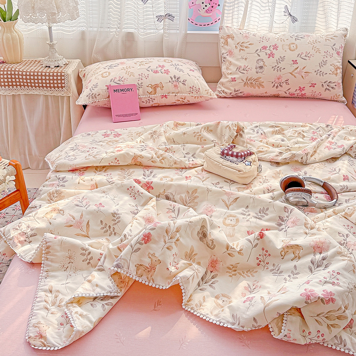 91家纺网 家纺一手货源 找家纺 优被业 2026新款全棉韩式小球球款大豆夏被，夏被四件套，空调被（加微信送买家秀） 自然手记-粉