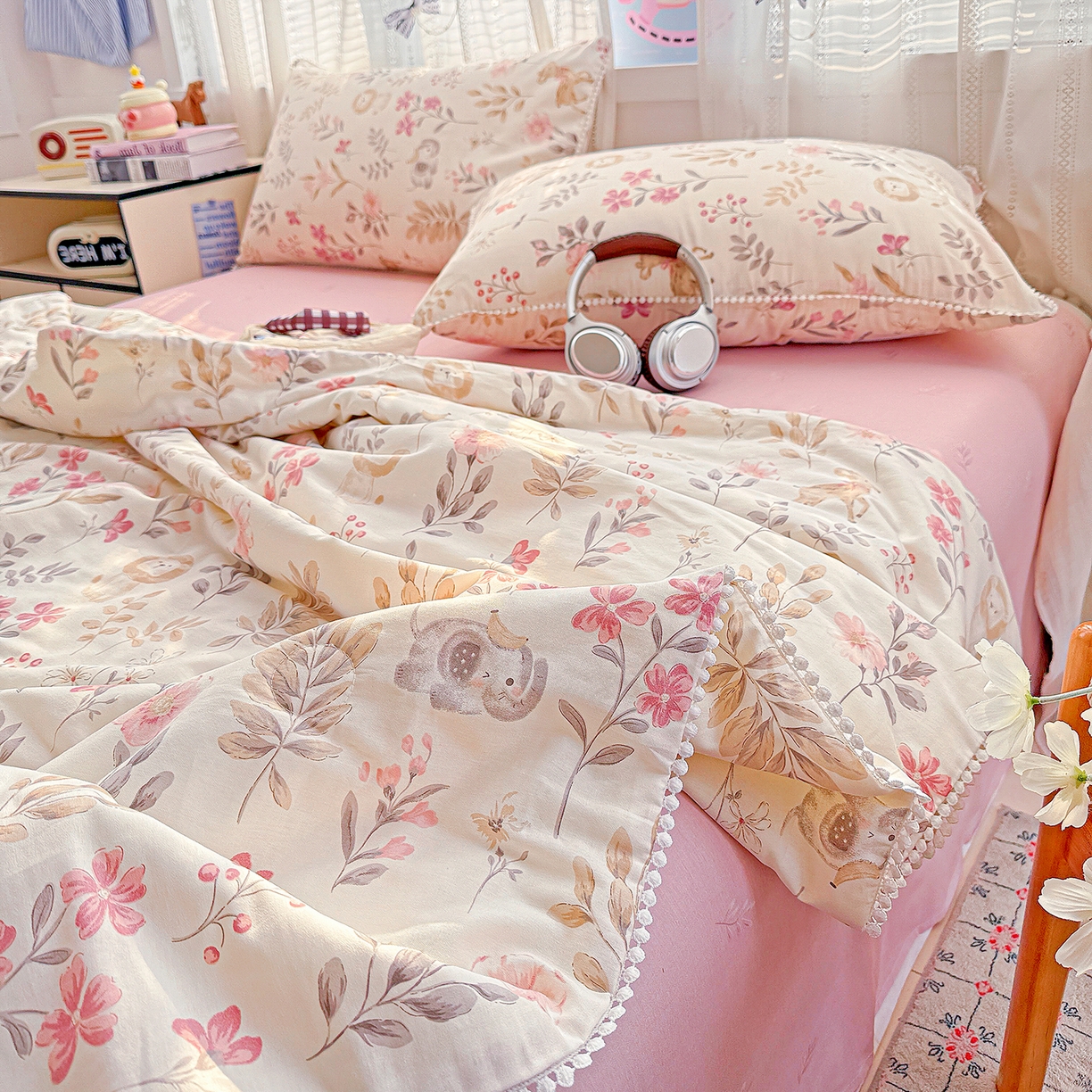 91家纺网 家纺一手货源 找家纺 优被业 2026新款全棉韩式小球球款大豆夏被，夏被四件套，空调被（加微信送买家秀） 自然手记-粉